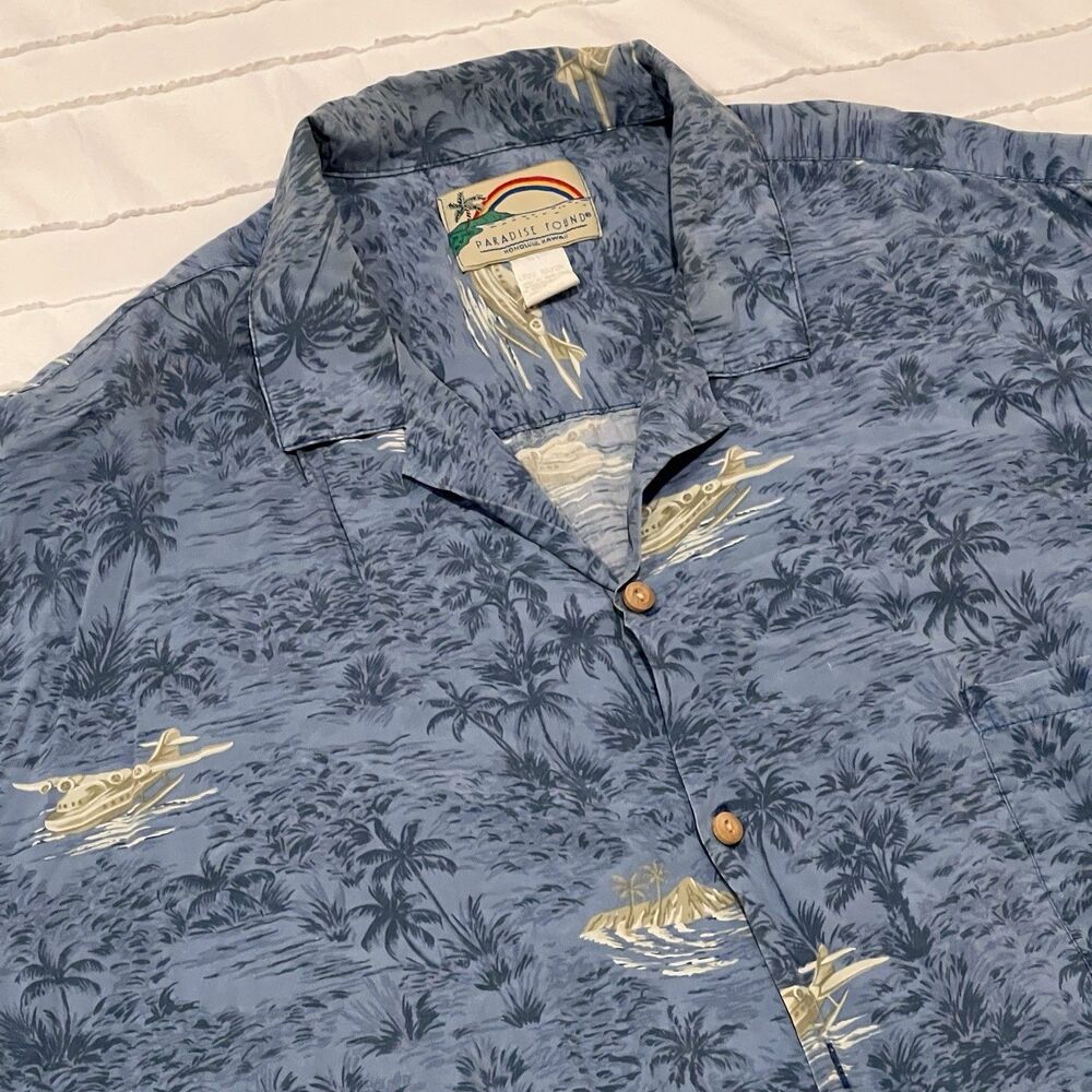 Paradise Found Hawaiian Shirt Mens 2XL Blue Rayon Seaplane Island Print Honolulu
